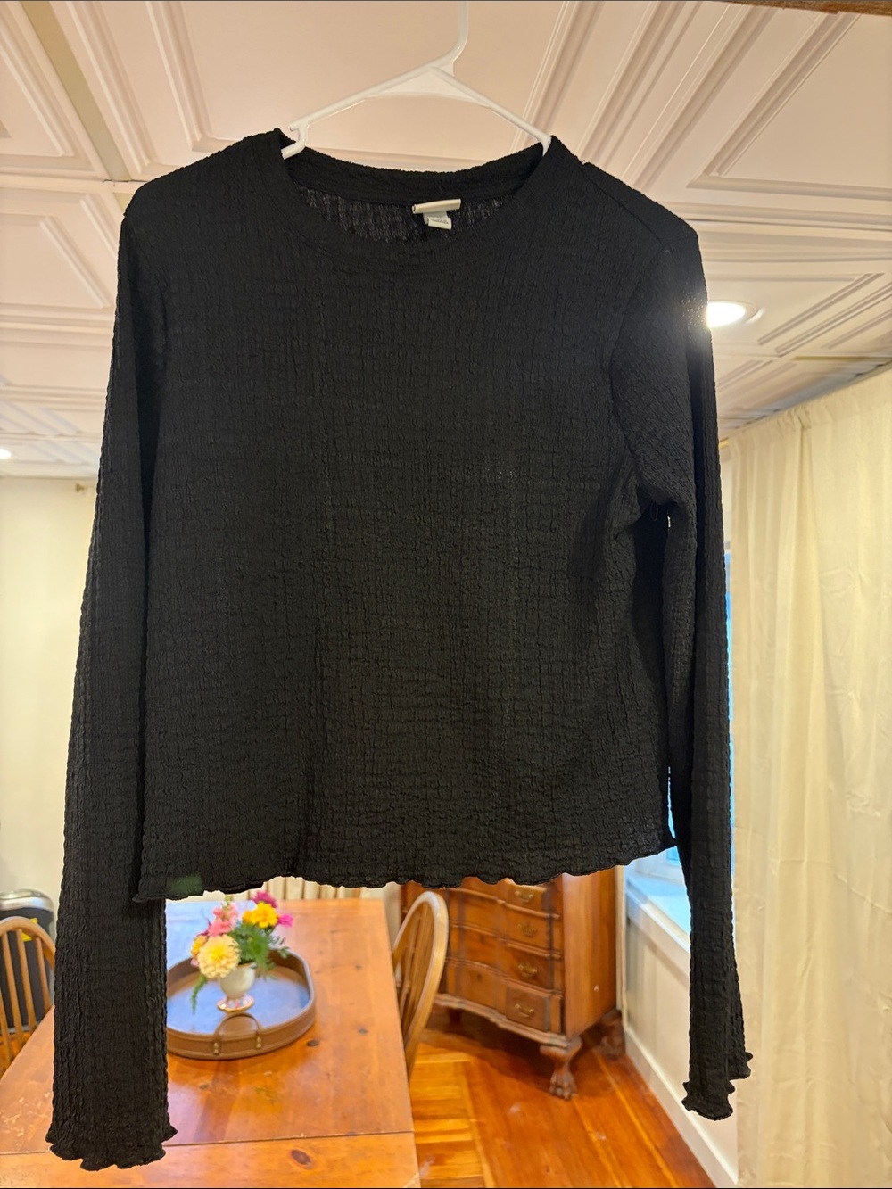 a new day Black Textured Long Sleeve Crewneck Top with Scalloped Edges